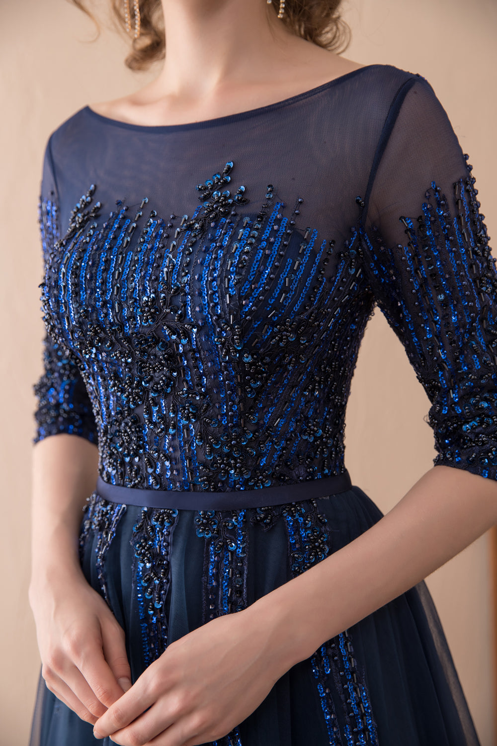 7-Day Dispatch Illusion Neckline Half Sleeve Navy Blue Beaded Tulle A-Line Evening Gown Lace-up Back Formal Dress