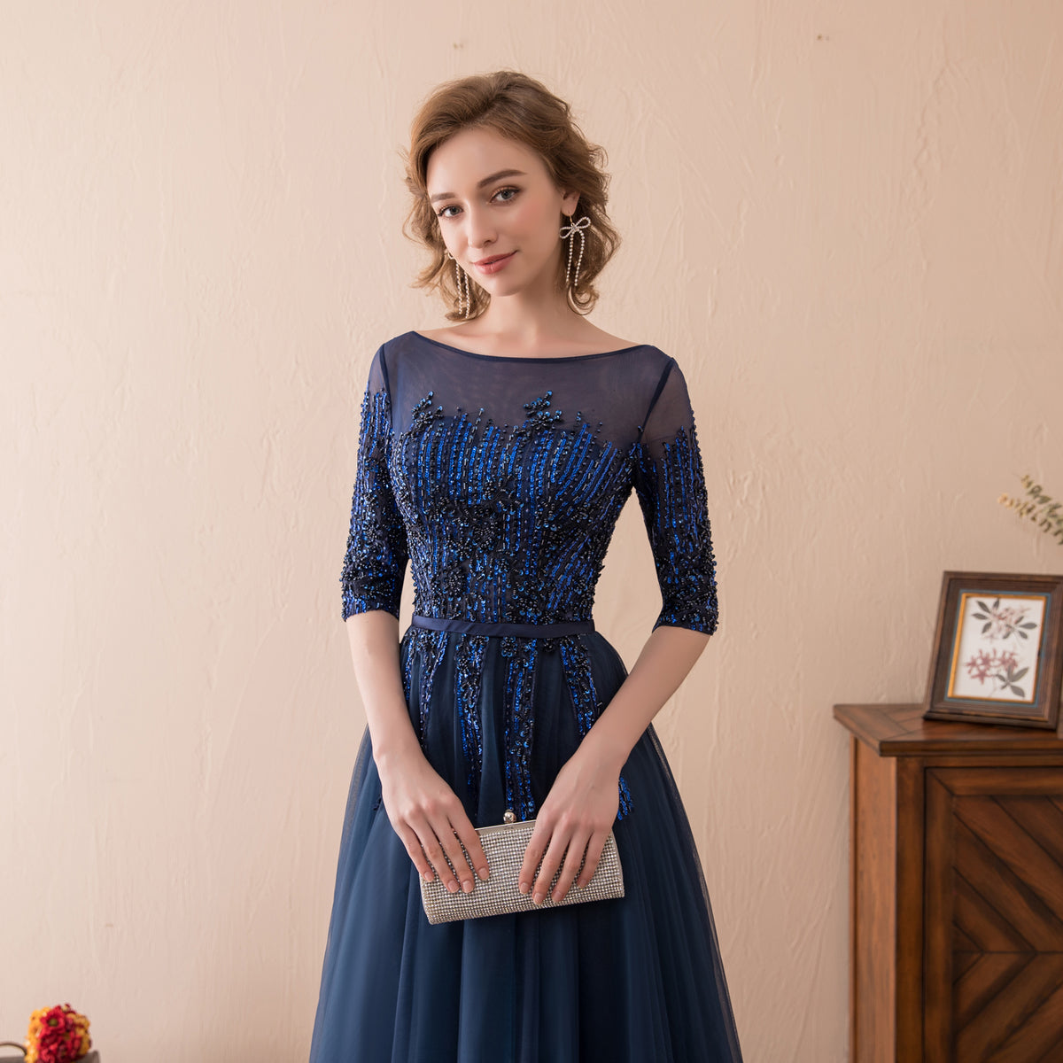 7-Day Dispatch Illusion Neckline Half Sleeve Navy Blue Beaded Tulle A-Line Evening Gown Lace-up Back Formal Dress