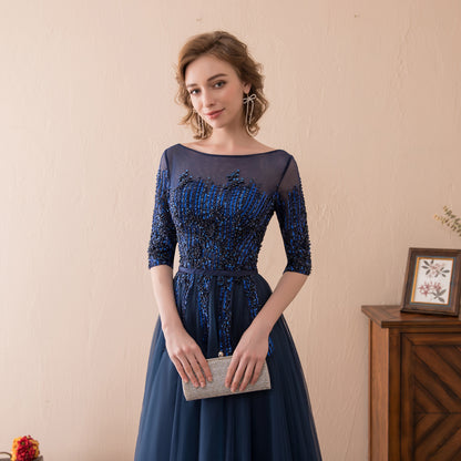 7-Day Dispatch Illusion Neckline Half Sleeve Navy Blue Beaded Tulle A-Line Evening Gown Lace-up Back Formal Dress
