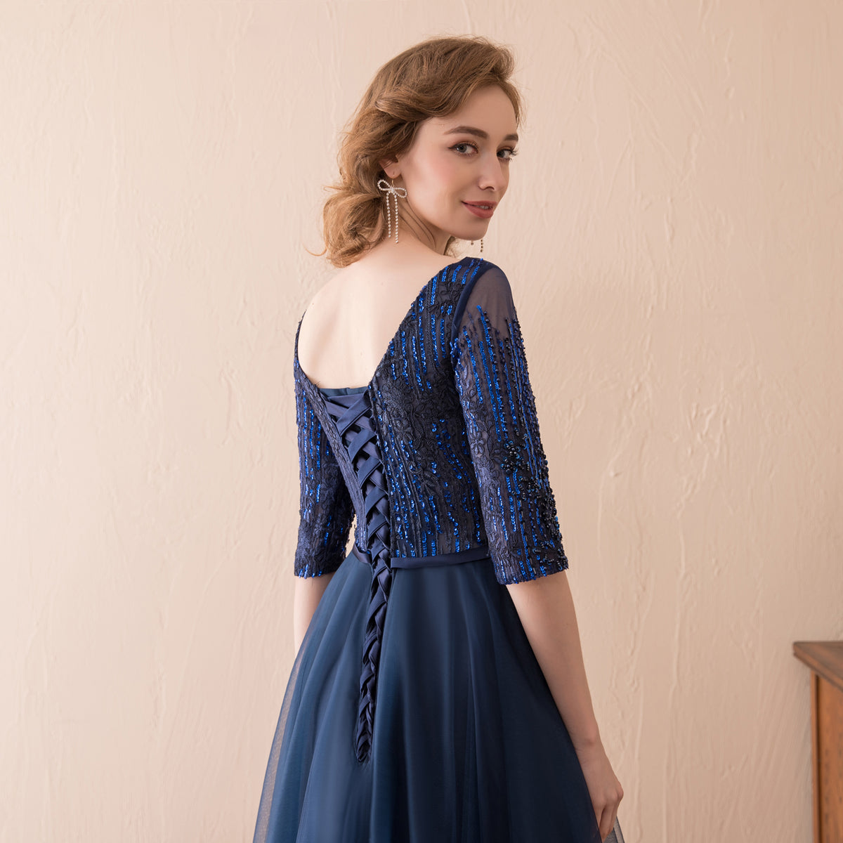 7-Day Dispatch Illusion Neckline Half Sleeve Navy Blue Beaded Tulle A-Line Evening Gown Lace-up Back Formal Dress