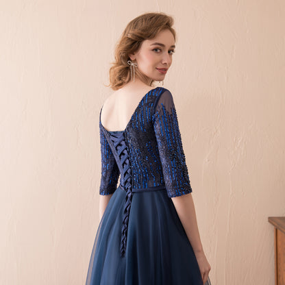 7-Day Dispatch Illusion Neckline Half Sleeve Navy Blue Beaded Tulle A-Line Evening Gown Lace-up Back Formal Dress