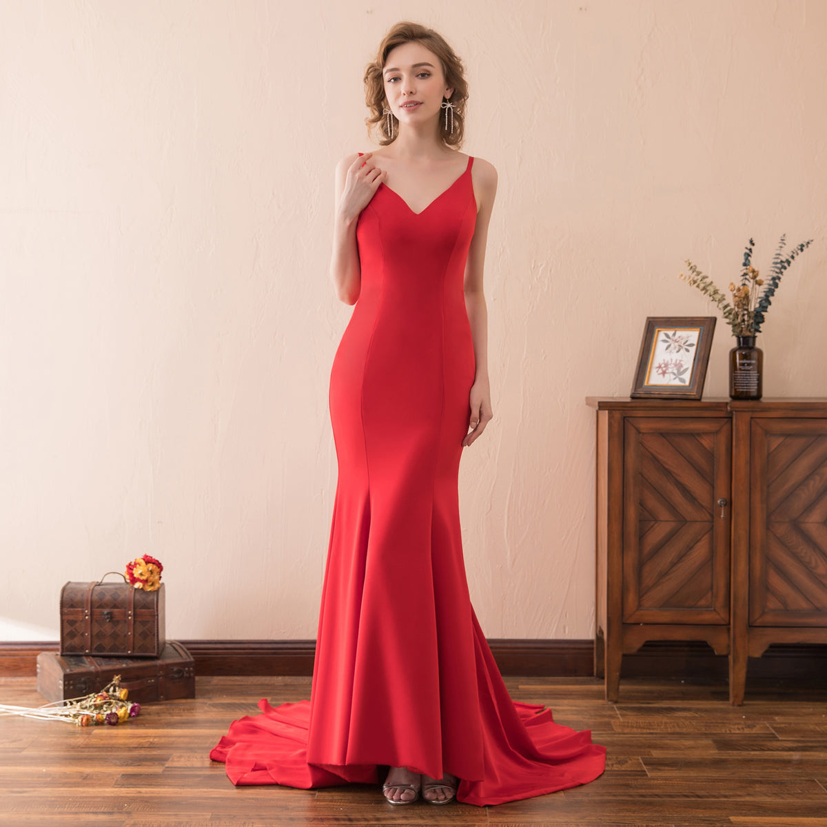 7-Day Dispatch V-Neck Spaghetti Strap Red Satin Mermaid Evening Gown Lace-up Open Back Sweep Train Formal Dress