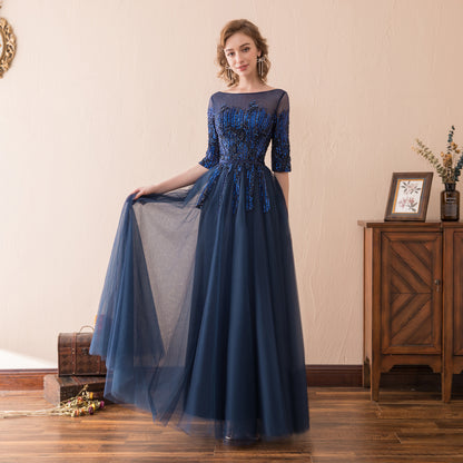 7-Day Dispatch Illusion Neckline Half Sleeve Navy Blue Beaded Tulle A-Line Evening Gown Lace-up Back Formal Dress