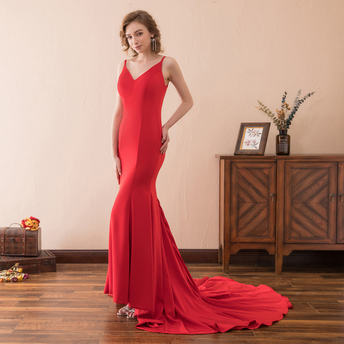7-Day Dispatch V-Neck Spaghetti Strap Red Satin Mermaid Evening Gown Lace-up Open Back Sweep Train Formal Dress