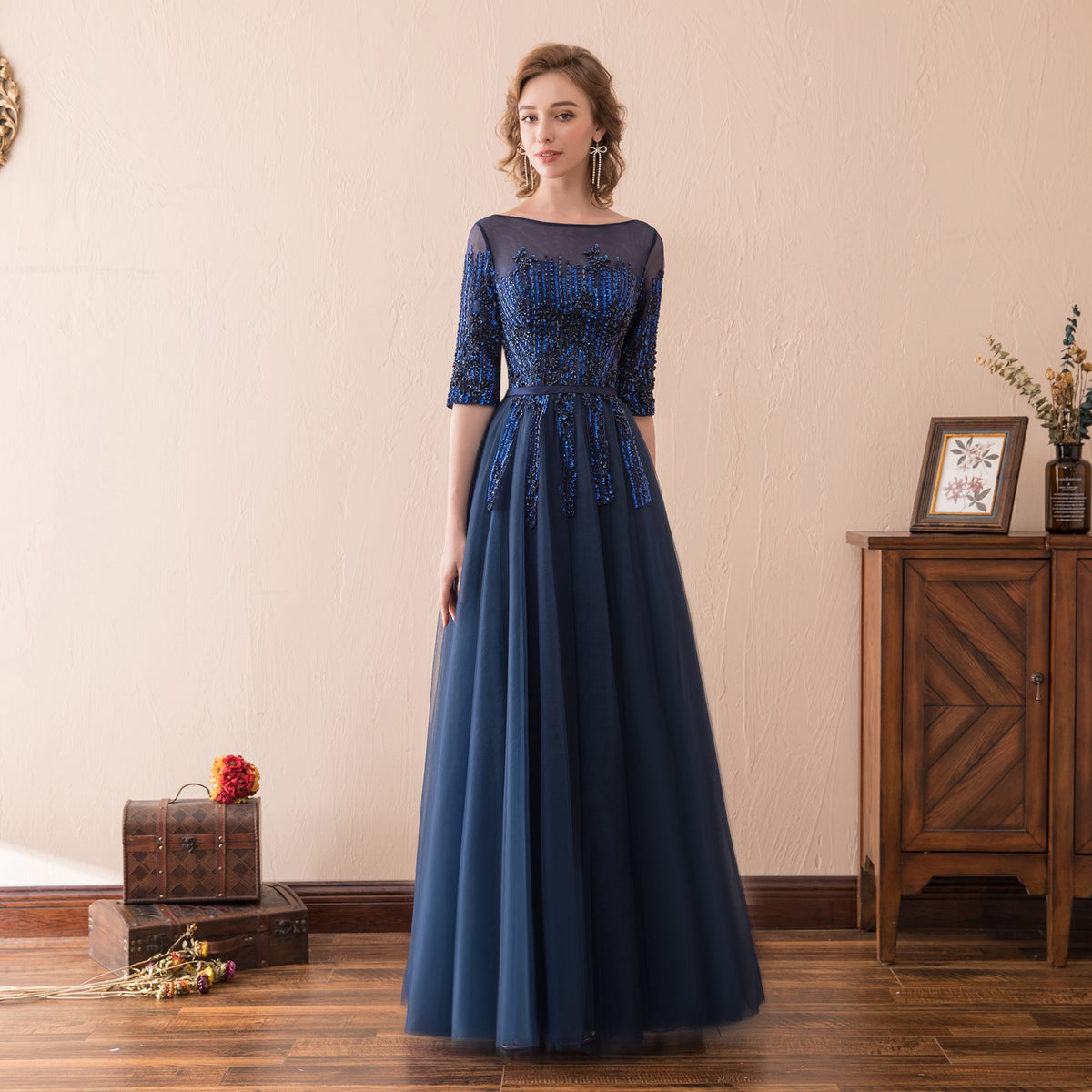 7-Day Dispatch Illusion Neckline Half Sleeve Navy Blue Beaded Tulle A-Line Evening Gown Lace-up Back Formal Dress