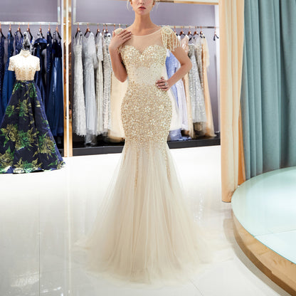 7-Day Dispatch Illusion Neckline Heavy Beaded Tassel Shoulder Mermaid Gown Two Colors (Celadon & Champagne Gold) Deep V-Back Tulle Dress