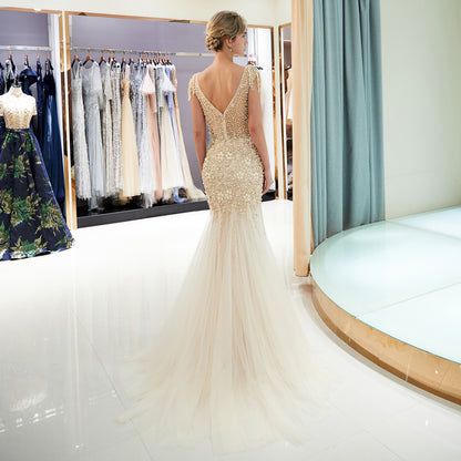 7-Day Dispatch Illusion Neckline Heavy Beaded Tassel Shoulder Mermaid Gown Two Colors (Celadon & Champagne Gold) Deep V-Back Tulle Dress
