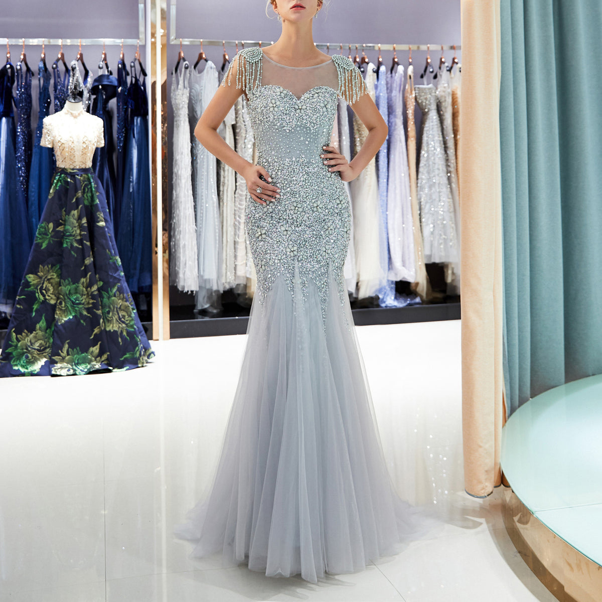 7-Day Dispatch Illusion Neckline Heavy Beaded Tassel Shoulder Mermaid Gown Two Colors (Celadon & Champagne Gold) Deep V-Back Tulle Dress