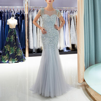7-Day Dispatch Illusion Neckline Heavy Beaded Tassel Shoulder Mermaid Gown Two Colors (Celadon & Champagne Gold) Deep V-Back Tulle Dress