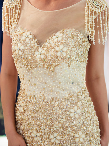 7-Day Dispatch Illusion Neckline Heavy Beaded Tassel Shoulder Mermaid Gown Two Colors (Celadon & Champagne Gold) Deep V-Back Tulle Dress