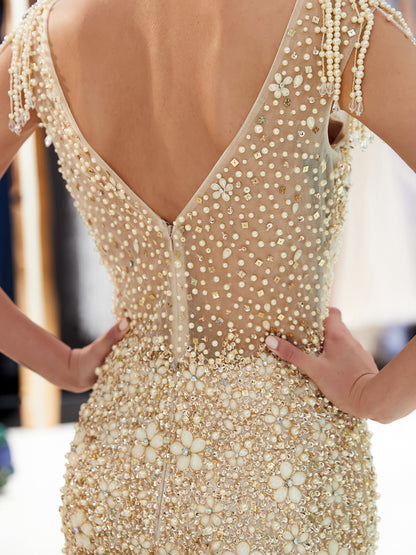7-Day Dispatch Illusion Neckline Heavy Beaded Tassel Shoulder Mermaid Gown Two Colors (Celadon & Champagne Gold) Deep V-Back Tulle Dress
