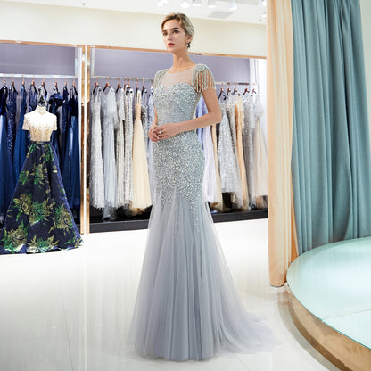 7-Day Dispatch Illusion Neckline Heavy Beaded Tassel Shoulder Mermaid Gown Two Colors (Celadon & Champagne Gold) Deep V-Back Tulle Dress