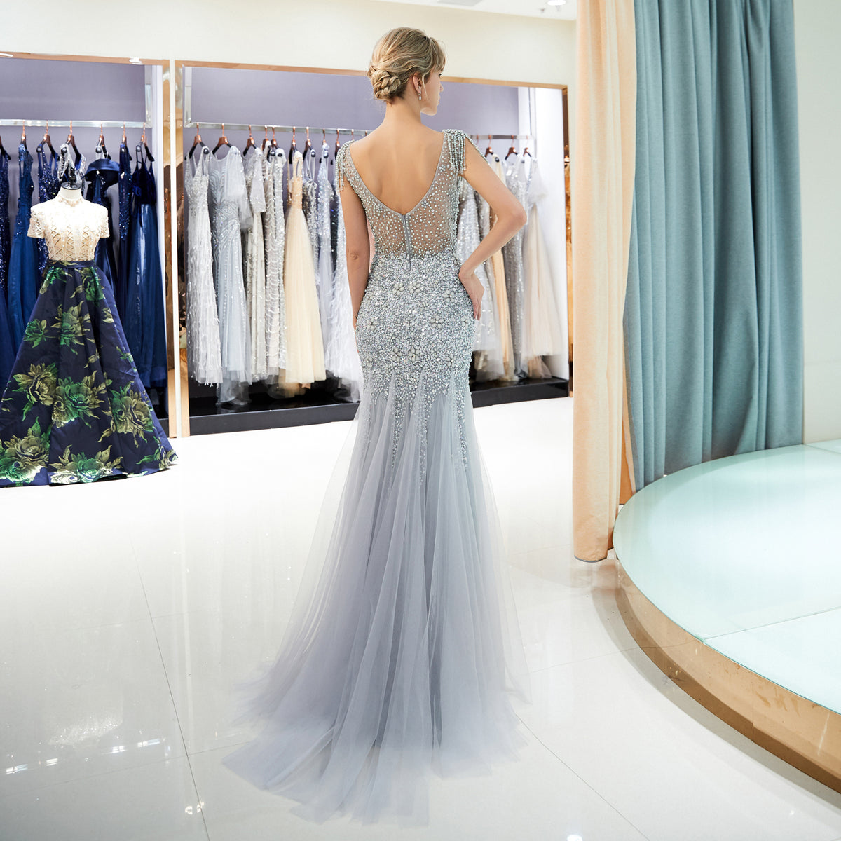 7-Day Dispatch Illusion Neckline Heavy Beaded Tassel Shoulder Mermaid Gown Two Colors (Celadon & Champagne Gold) Deep V-Back Tulle Dress