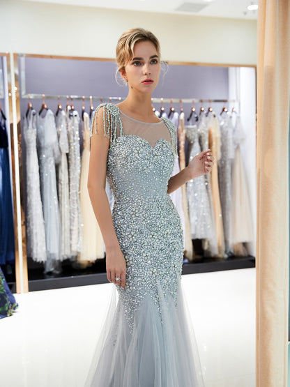 7-Day Dispatch Illusion Neckline Heavy Beaded Tassel Shoulder Mermaid Gown Two Colors (Celadon & Champagne Gold) Deep V-Back Tulle Dress
