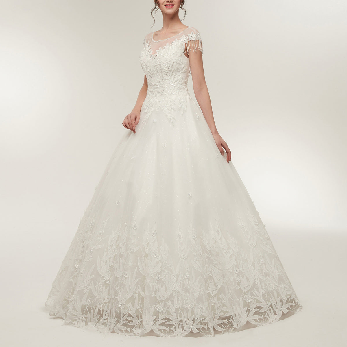 7-Day Dispatch Illusion Neckline Long Sleeve White Lace Tulle Ball Gown Fringe Shoulder Keyhole Back Wedding Dress