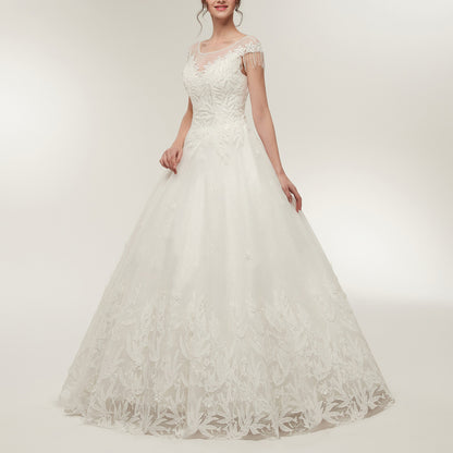 7-Day Dispatch Illusion Neckline Long Sleeve White Lace Tulle Ball Gown Fringe Shoulder Keyhole Back Wedding Dress