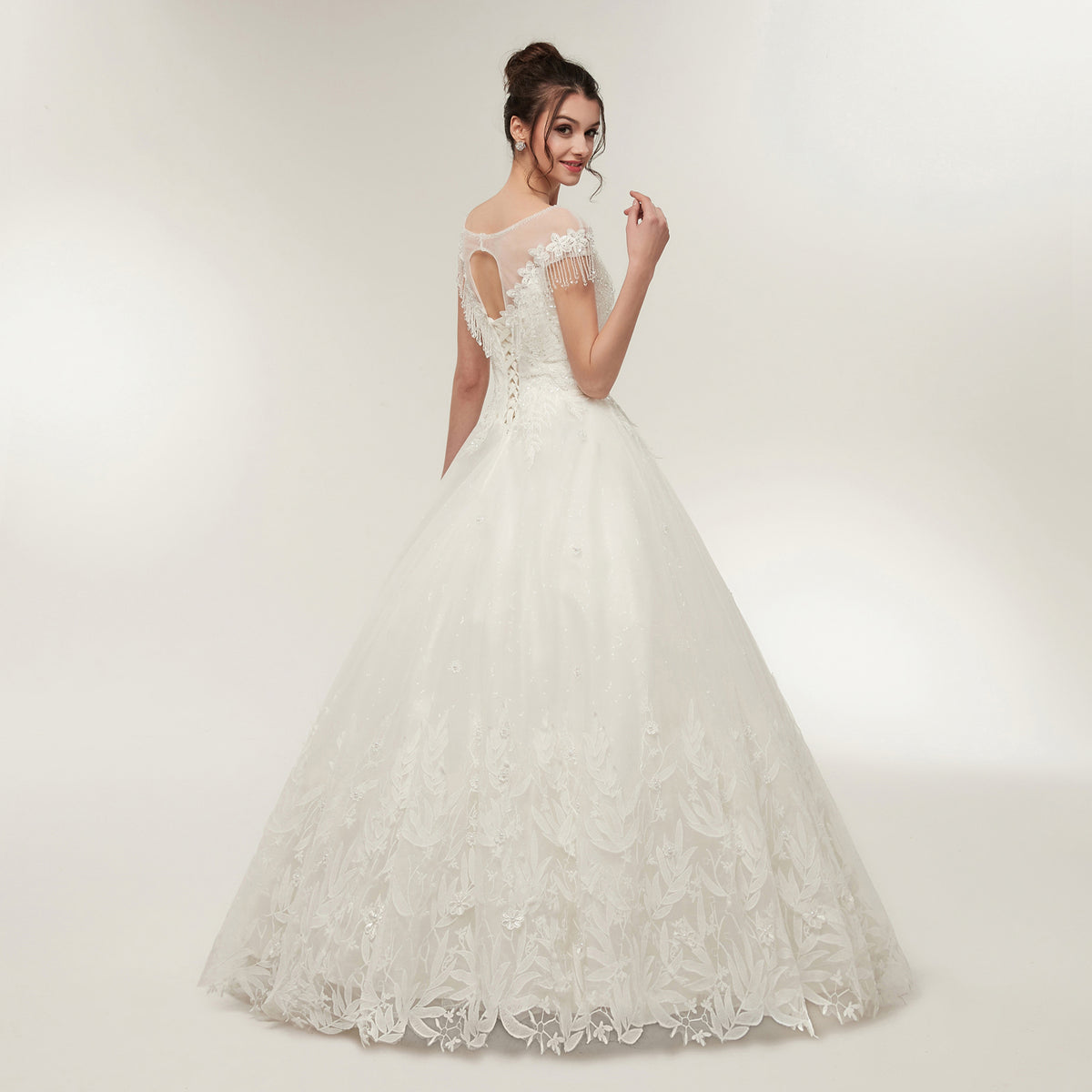 7-Day Dispatch Illusion Neckline Long Sleeve White Lace Tulle Ball Gown Fringe Shoulder Keyhole Back Wedding Dress