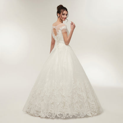 7-Day Dispatch Illusion Neckline Long Sleeve White Lace Tulle Ball Gown Fringe Shoulder Keyhole Back Wedding Dress