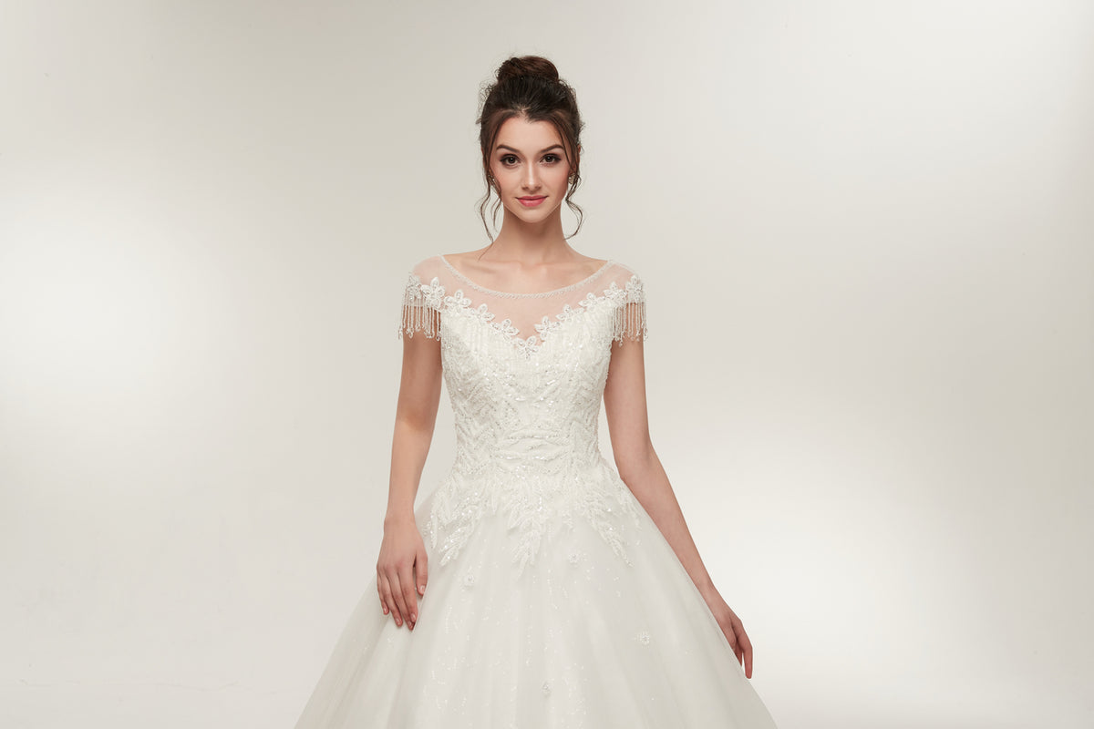 7-Day Dispatch Illusion Neckline Long Sleeve White Lace Tulle Ball Gown Fringe Shoulder Keyhole Back Wedding Dress