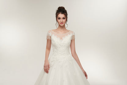 7-Day Dispatch Illusion Neckline Long Sleeve White Lace Tulle Ball Gown Fringe Shoulder Keyhole Back Wedding Dress