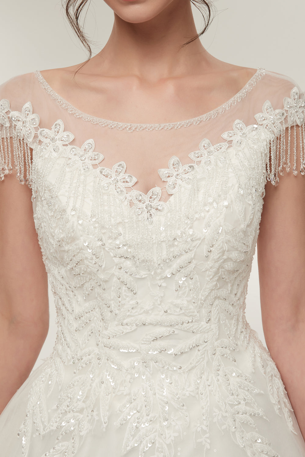 7-Day Dispatch Illusion Neckline Long Sleeve White Lace Tulle Ball Gown Fringe Shoulder Keyhole Back Wedding Dress