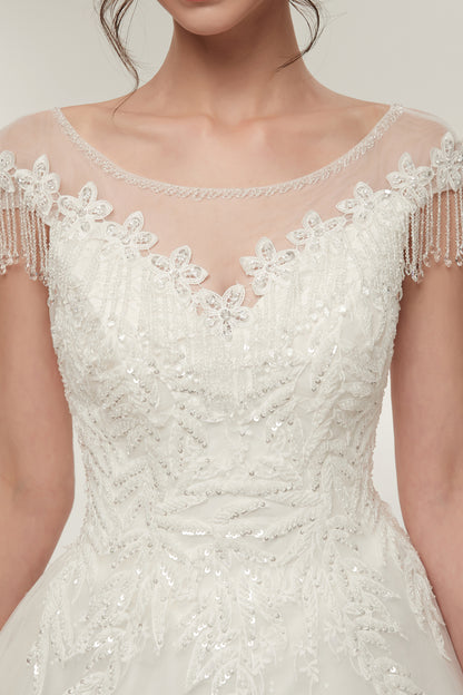 7-Day Dispatch Illusion Neckline Long Sleeve White Lace Tulle Ball Gown Fringe Shoulder Keyhole Back Wedding Dress