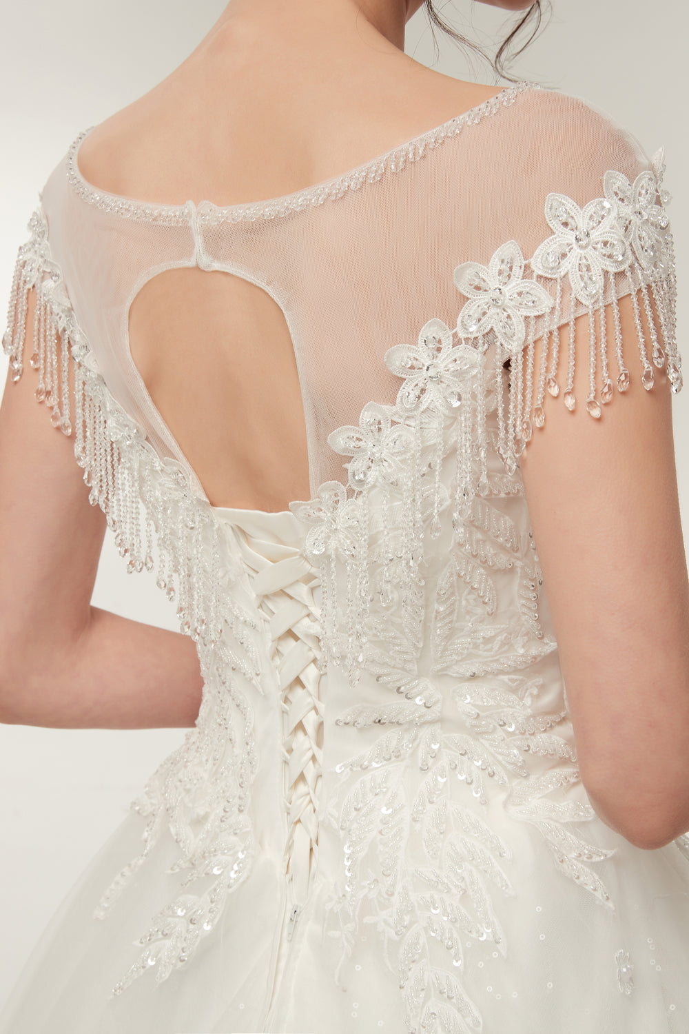 7-Day Dispatch Illusion Neckline Long Sleeve White Lace Tulle Ball Gown Fringe Shoulder Keyhole Back Wedding Dress