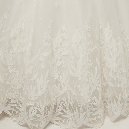 7-Day Dispatch Illusion Neckline Long Sleeve White Lace Tulle Ball Gown Fringe Shoulder Keyhole Back Wedding Dress