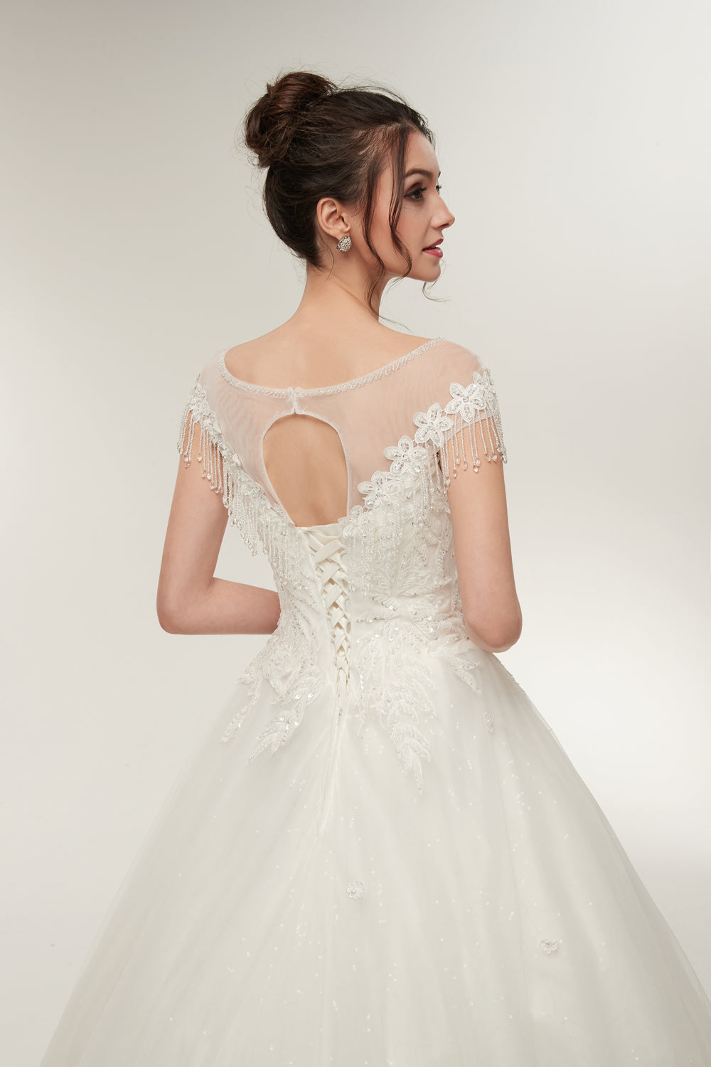 7-Day Dispatch Illusion Neckline Long Sleeve White Lace Tulle Ball Gown Fringe Shoulder Keyhole Back Wedding Dress