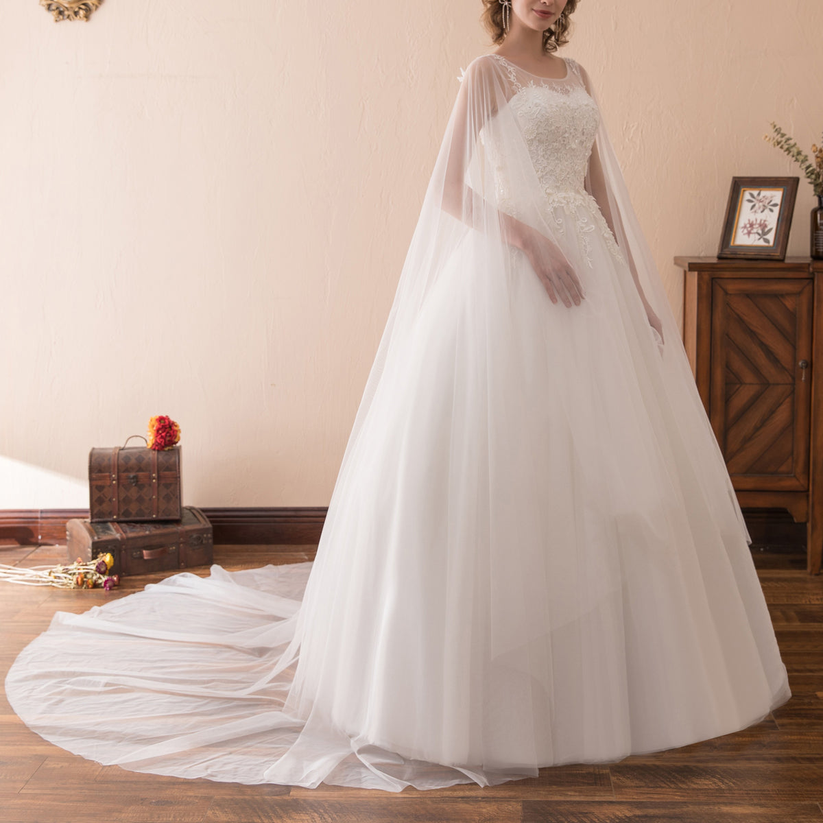 7-Day Dispatch Illusion Neckline Sheer Flowing Sleeves White Lace Tulle A-Line Wedding Dress Lace-up Back Train Gown