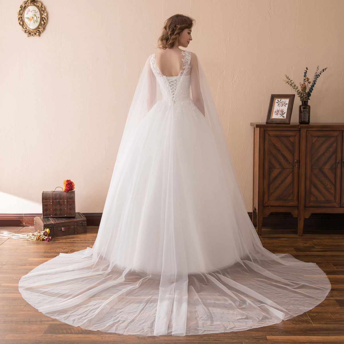 7-Day Dispatch Illusion Neckline Sheer Flowing Sleeves White Lace Tulle A-Line Wedding Dress Lace-up Back Train Gown