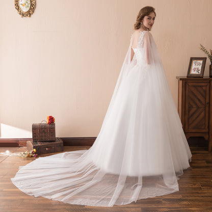 7-Day Dispatch Illusion Neckline Sheer Flowing Sleeves White Lace Tulle A-Line Wedding Dress Lace-up Back Train Gown