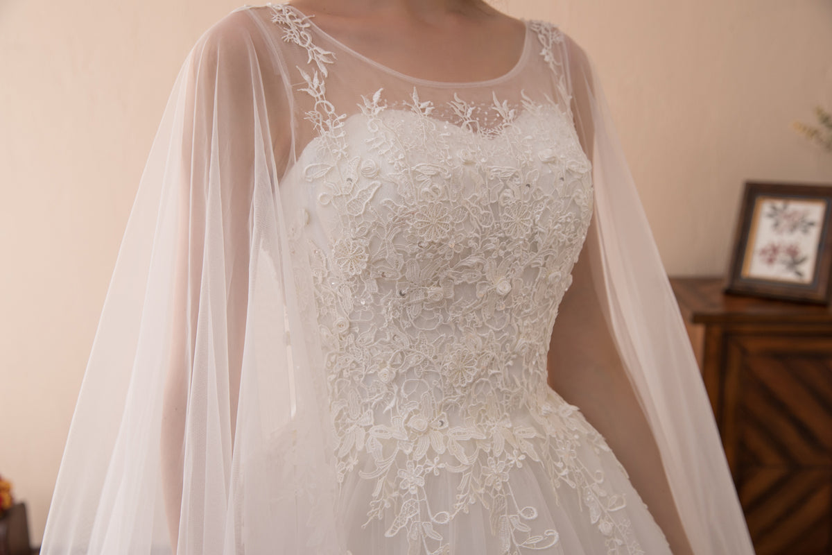 7-Day Dispatch Illusion Neckline Sheer Flowing Sleeves White Lace Tulle A-Line Wedding Dress Lace-up Back Train Gown
