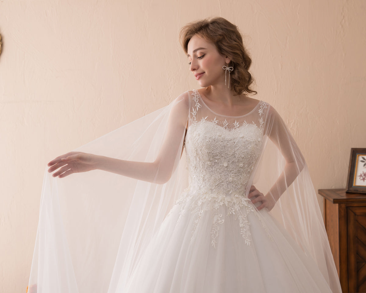 7-Day Dispatch Illusion Neckline Sheer Flowing Sleeves White Lace Tulle A-Line Wedding Dress Lace-up Back Train Gown