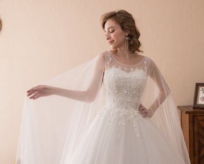 7-Day Dispatch Illusion Neckline Sheer Flowing Sleeves White Lace Tulle A-Line Wedding Dress Lace-up Back Train Gown