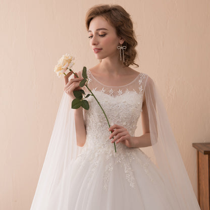 7-Day Dispatch Illusion Neckline Sheer Flowing Sleeves White Lace Tulle A-Line Wedding Dress Lace-up Back Train Gown