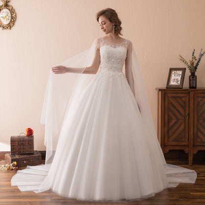 7-Day Dispatch Illusion Neckline Sheer Flowing Sleeves White Lace Tulle A-Line Wedding Dress Lace-up Back Train Gown