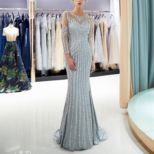 7-Day Dispatch Illusion Neckline Sheer Long Sleeve Beaded Vertical Stripe Mermaid Gown Two Colors (Celadon & Champagne) Deep V-Back Hidden Zipper Dress