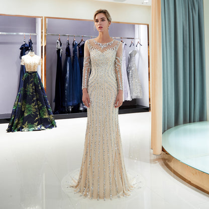 7-Day Dispatch Illusion Neckline Sheer Long Sleeve Beaded Vertical Stripe Mermaid Gown Two Colors (Celadon & Champagne) Deep V-Back Hidden Zipper Dress