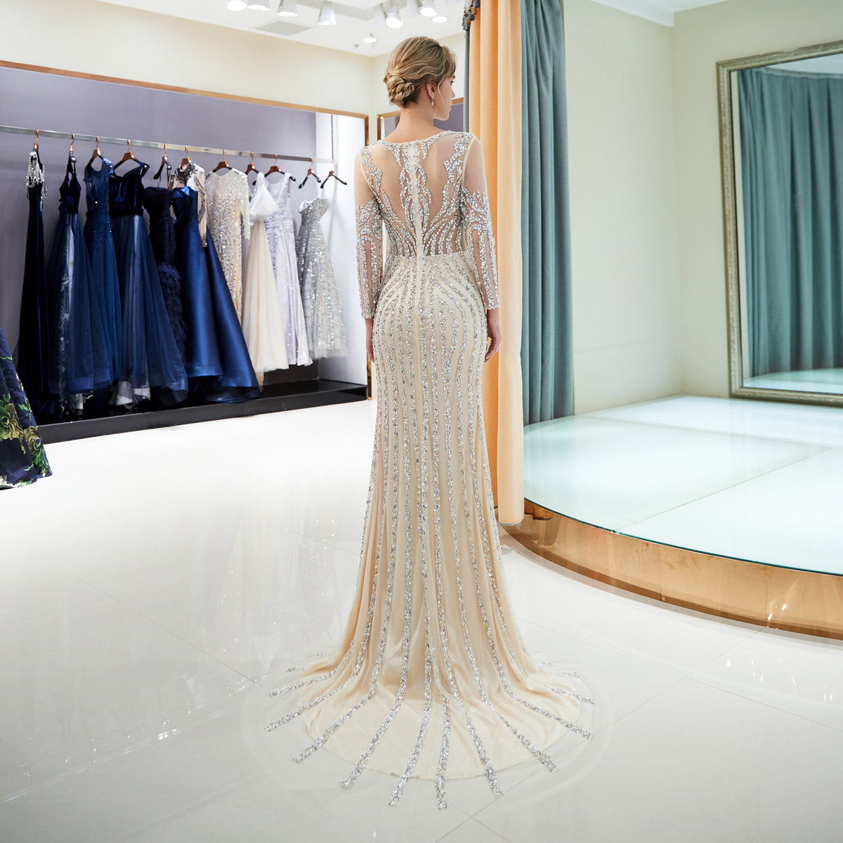 7-Day Dispatch Illusion Neckline Sheer Long Sleeve Beaded Vertical Stripe Mermaid Gown Two Colors (Celadon & Champagne) Deep V-Back Hidden Zipper Dress