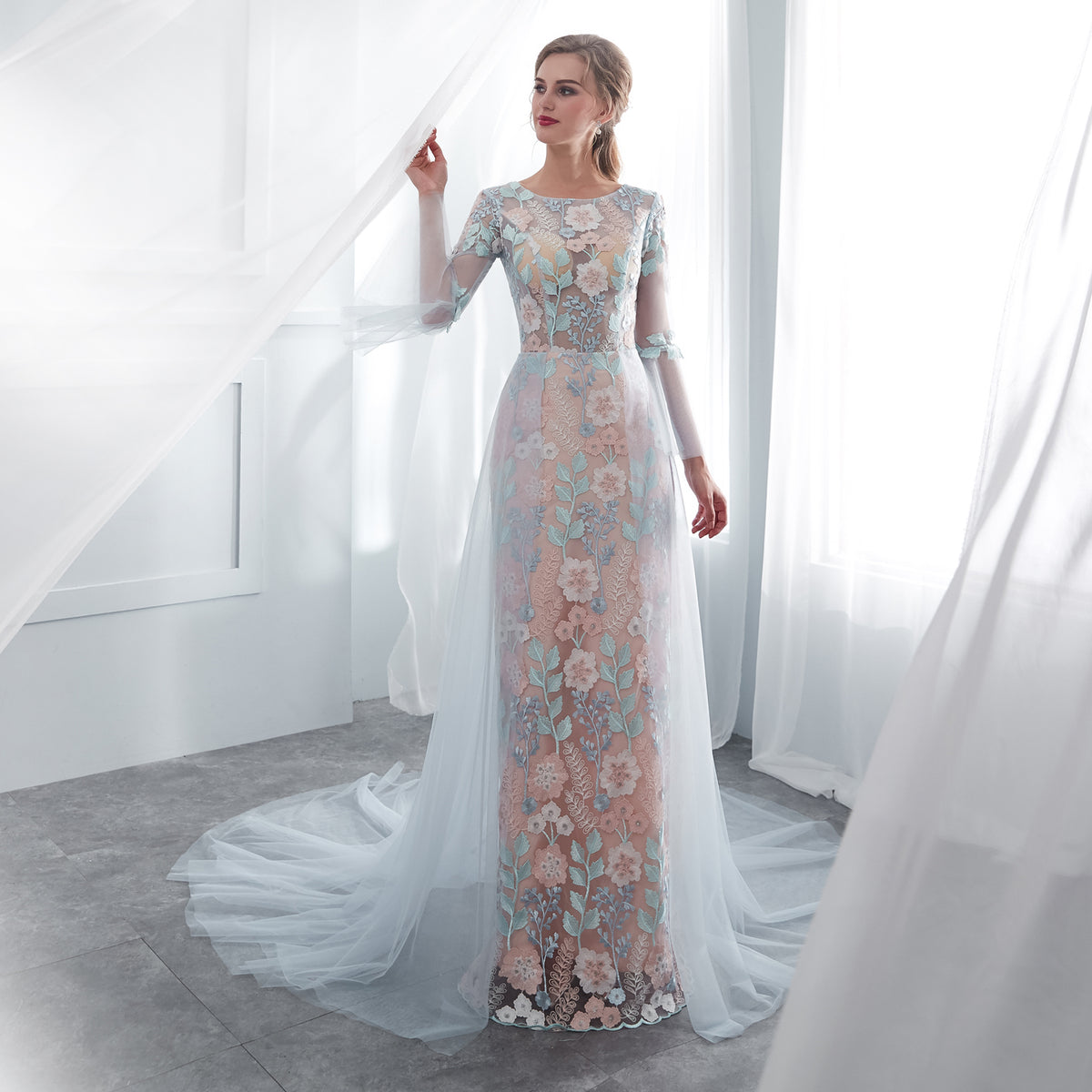 7-Day Dispatch Illusion Neckline Sheer Long Sleeve Dusty Blue Tulle Floral Embroidery Mermaid Wedding Dress Lace-up Back Sweeping Train Bridal Gown