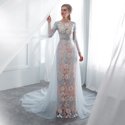 7-Day Dispatch Illusion Neckline Sheer Long Sleeve Dusty Blue Tulle Floral Embroidery Mermaid Wedding Dress Lace-up Back Sweeping Train Bridal Gown