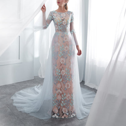7-Day Dispatch Illusion Neckline Sheer Long Sleeve Dusty Blue Tulle Floral Embroidery Mermaid Wedding Dress Lace-up Back Sweeping Train Bridal Gown