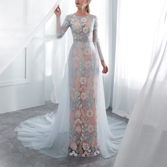 7-Day Dispatch Illusion Neckline Sheer Long Sleeve Dusty Blue Tulle Floral Embroidery Mermaid Wedding Dress Lace-up Back Sweeping Train Bridal Gown