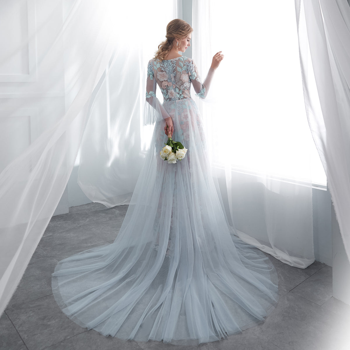 7-Day Dispatch Illusion Neckline Sheer Long Sleeve Dusty Blue Tulle Floral Embroidery Mermaid Wedding Dress Lace-up Back Sweeping Train Bridal Gown
