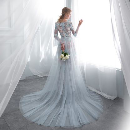 7-Day Dispatch Illusion Neckline Sheer Long Sleeve Dusty Blue Tulle Floral Embroidery Mermaid Wedding Dress Lace-up Back Sweeping Train Bridal Gown