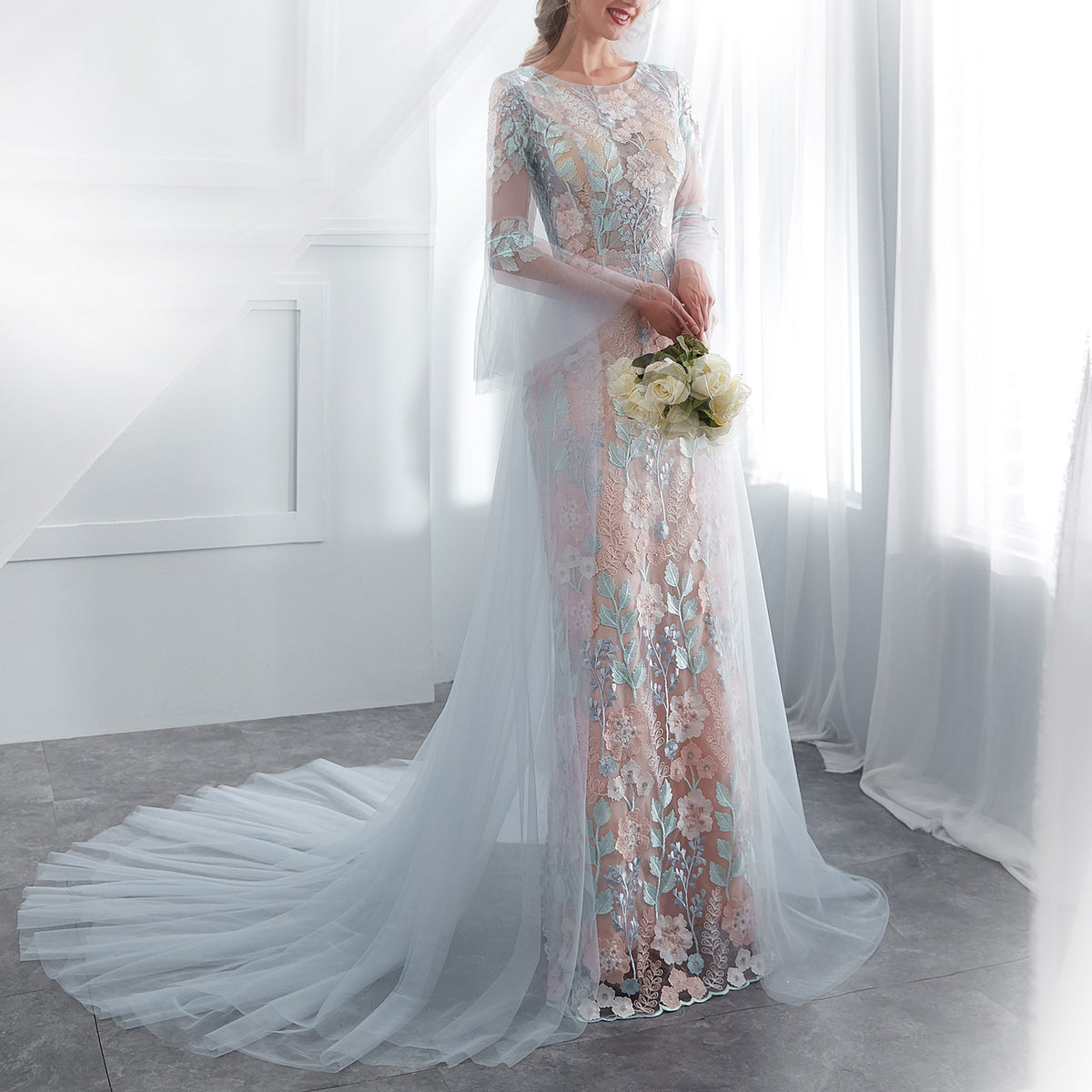 7-Day Dispatch Illusion Neckline Sheer Long Sleeve Dusty Blue Tulle Floral Embroidery Mermaid Wedding Dress Lace-up Back Sweeping Train Bridal Gown