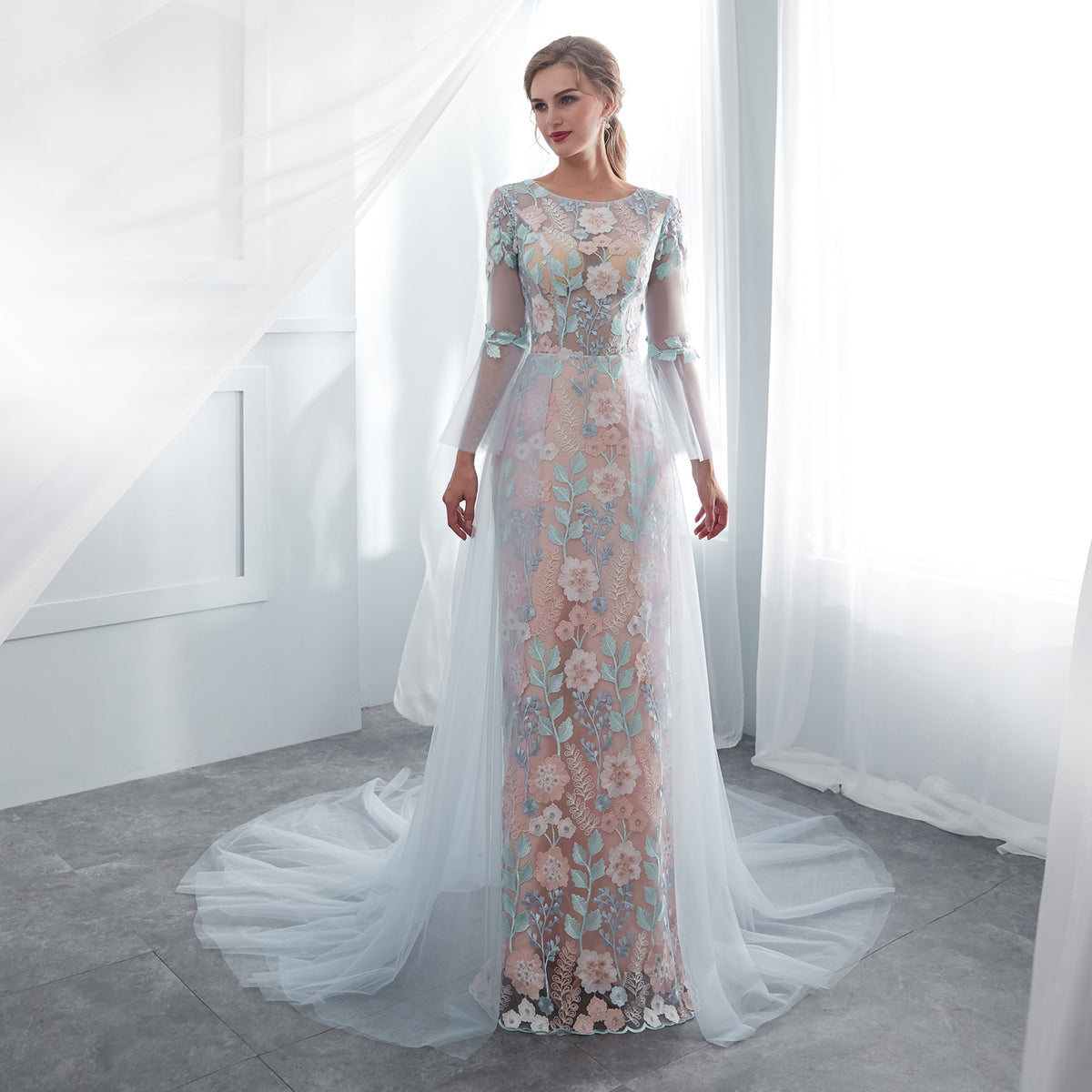 7-Day Dispatch Illusion Neckline Sheer Long Sleeve Dusty Blue Tulle Floral Embroidery Mermaid Wedding Dress Lace-up Back Sweeping Train Bridal Gown