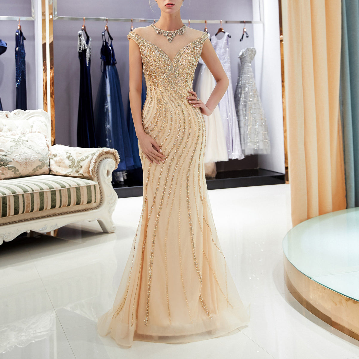 7-Day Dispatch Illusion V-Neck Cap Sleeve Champagne Heavy Beaded Mermaid Gown Deep V-Back Sheer Tulle Train Dress