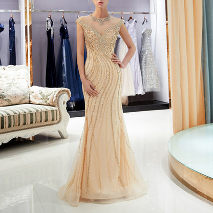 7-Day Dispatch Illusion V-Neck Cap Sleeve Champagne Heavy Beaded Mermaid Gown Deep V-Back Sheer Tulle Train Dress